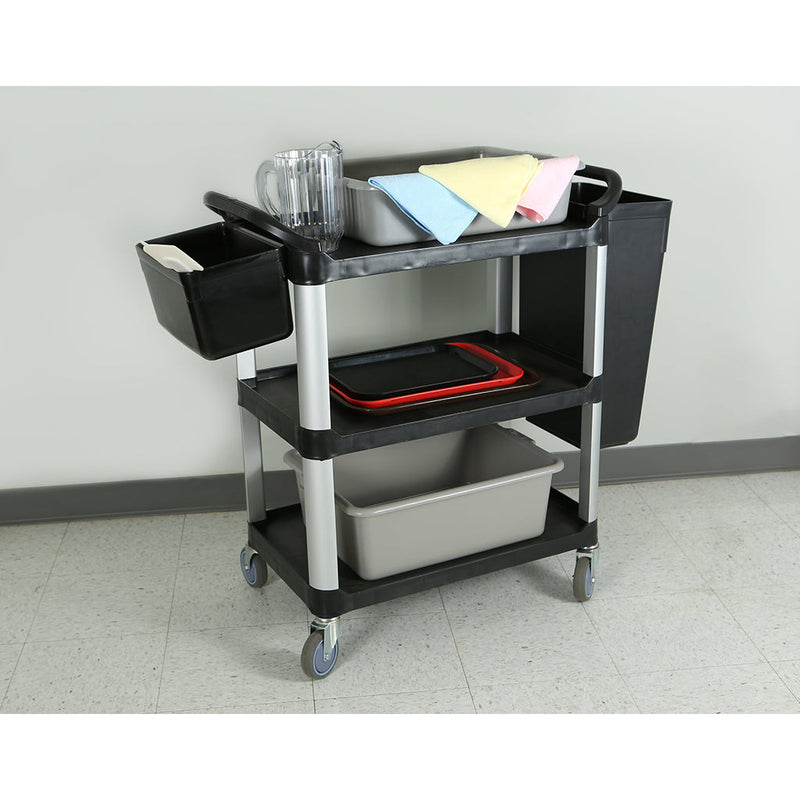 3 level black cart with wheels, cleaning microfiber towels, pitcher, bus box, trays, tall and short utility refuse side hang bins, Utility Carts, SIZE, Small / 400 Lbs / 33 Inch L X 17 Inch W X 37 Inch H, MATERIAL HANDLING, SERVICE-UTILITY CARTS, Best Seller, 5001,5002