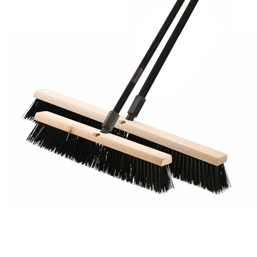 natural wood block broom brush with green and black brissels and black handle, Side-Clipped Pathfinder Rough Push Broom Head, SIZE, 18 Inch, FLOOR CLEANING, PUSH BROOMS, 4484,4485
