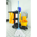 black heavy duty plastic frame with shelf and handle holding yellow vinly bag with 4 wheels with black dustpan, grey carry caddy, wet floor sign, spray bottles, green gloves, pink microfiber cleaning cloth & yellow bucket and wringer and mop, Janitor'S Cart, SIZE, Standard, COLOR, Black, GENERAL CLEANING, CARTS, Best Seller, 3001