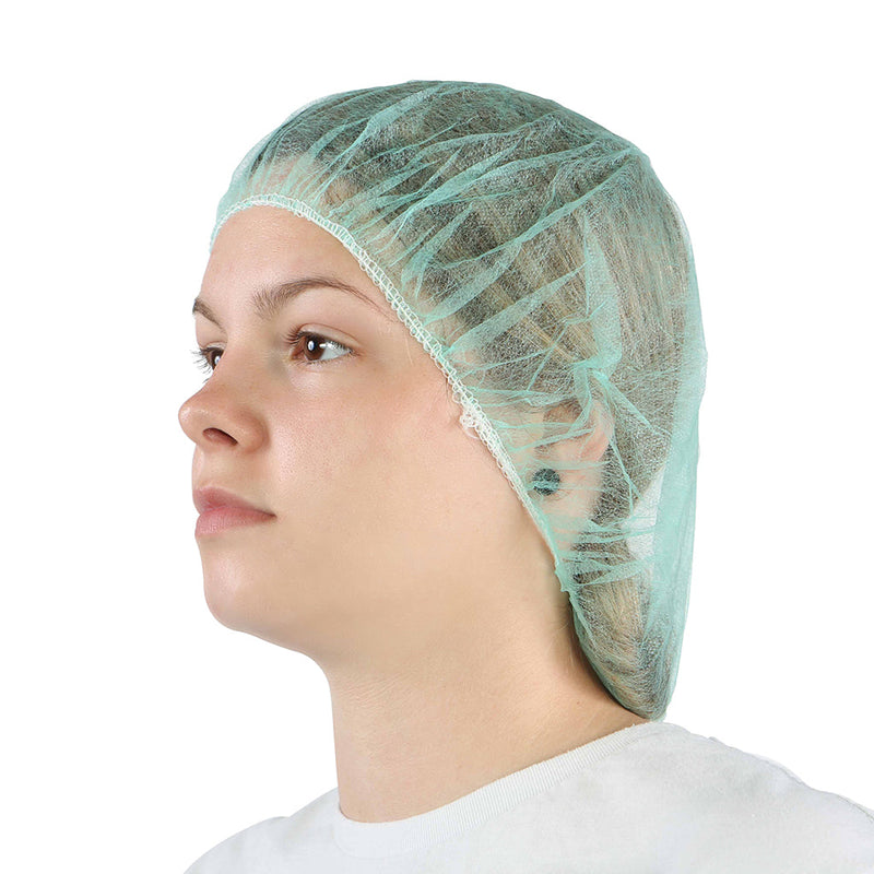 woman wearing green hairnet, Bouffant Cap/Hairnet, COLOR, Green, Package, 10 Packs of 100, PPE-PERSONAL PROTECTIVE EQUIPMENT, HAIR NETS, COVID ESSENTIALS, 7731G