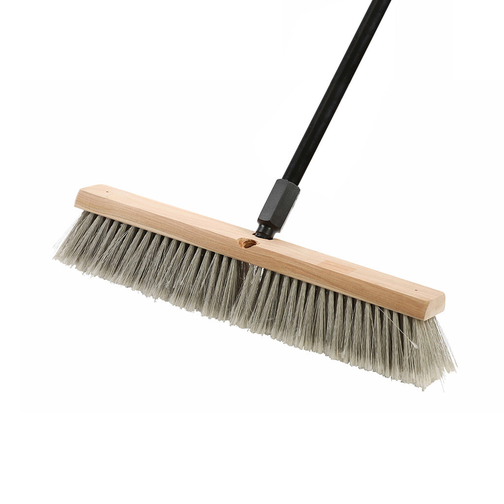 natural wood block broom brush with grey brissels and black handle, Side-Clipped Pathfinder Soft Push Broom Head, SIZE, 18 Inch, FLOOR CLEANING, PUSH BROOMS, 4480