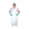 woman wearing white apron with blue gloves and hairnet, Polyethylene Apron, SIZE, Large, Package, 10 Packs of 100, PPE-PERSONAL PROTECTIVE EQUIPMENT, APRONS, COVID ESSENTIALS, 7790