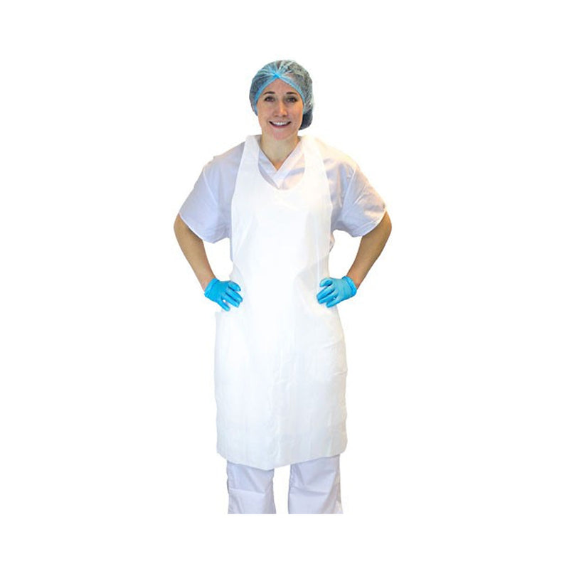 woman wearing white apron with blue gloves and hairnet, Polyethylene Apron, SIZE, Large, Package, 10 Packs of 100, PPE-PERSONAL PROTECTIVE EQUIPMENT, APRONS, COVID ESSENTIALS, 7790