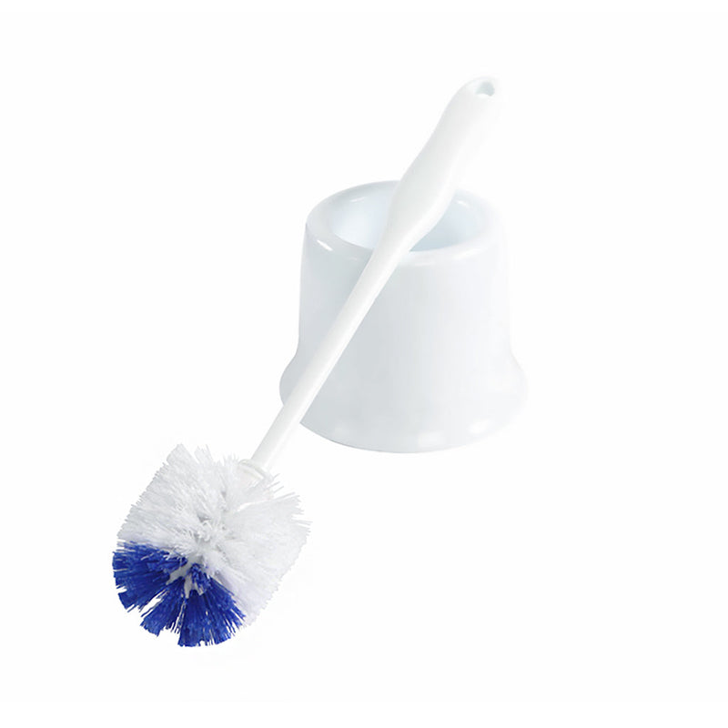 white toilet brush handle with blue and white brissels with cupholder, 16 Inch Toilet Brush And Caddy Set, WASHROOM CARE, BOWL BRUSHES & CADDY SETS, 3452