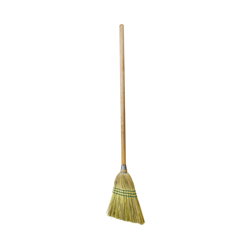 natural corn broom brush packaged with 2 silver wire and 2 blue strings with wooden handle with green globe packaing, Lobby Corn Broom, 3 String, FLOOR CLEANING, CORN BROOMS, 4004