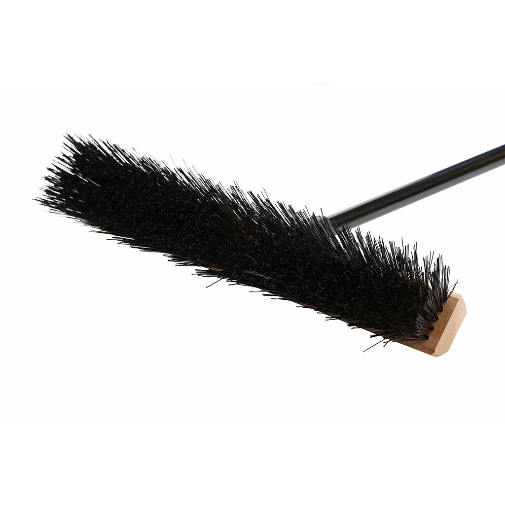 natural wood block broom brush with green and black brissels and black handle, Side-Clipped Pathfinder Rough Push Broom Head, SIZE, 18 Inch, FLOOR CLEANING, PUSH BROOMS, 4484