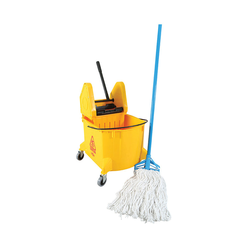 yellow bucket with four wheels and wringer with black handle with quick release mop withwith mop head, 40 Qt Downpress Bucket And Wringer, COLOR, Yellow, FLOOR CLEANING, BUCKETS & WRINGERS, Best Seller, 3078Y