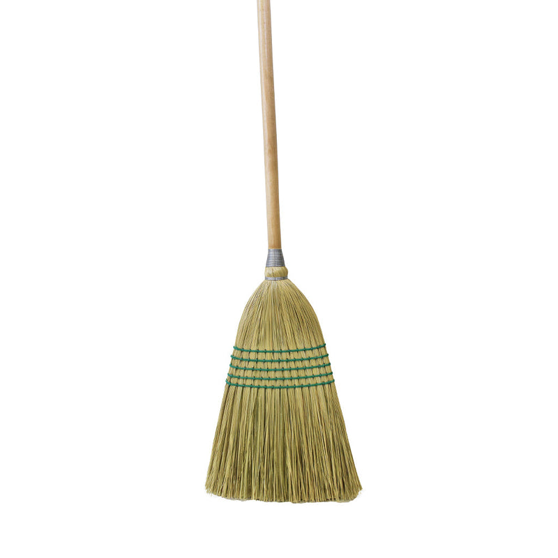 natural corn broom brush packaged with 5 green wire strings and wooden handle, Housekeeper Corn Broom, Heavy-Duty 5 String, FLOOR CLEANING, CORN BROOMS, 4000