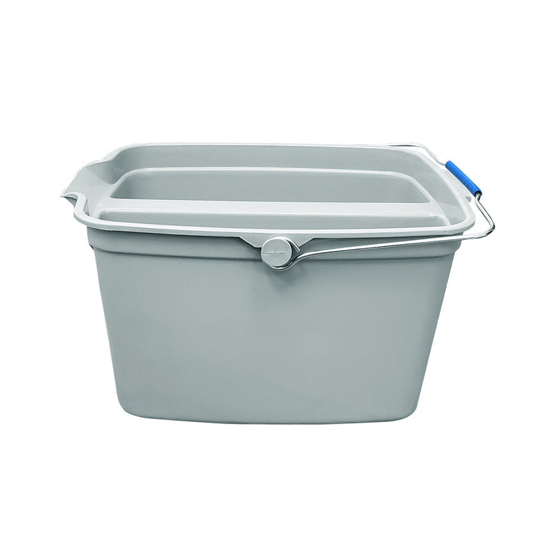 grey double compartment bucket with silver wire handle with blue hand handle side view, 15 Qt Double Bucket Utility Pail, GENERAL CLEANING, PAILS & BUCKETS, 3675