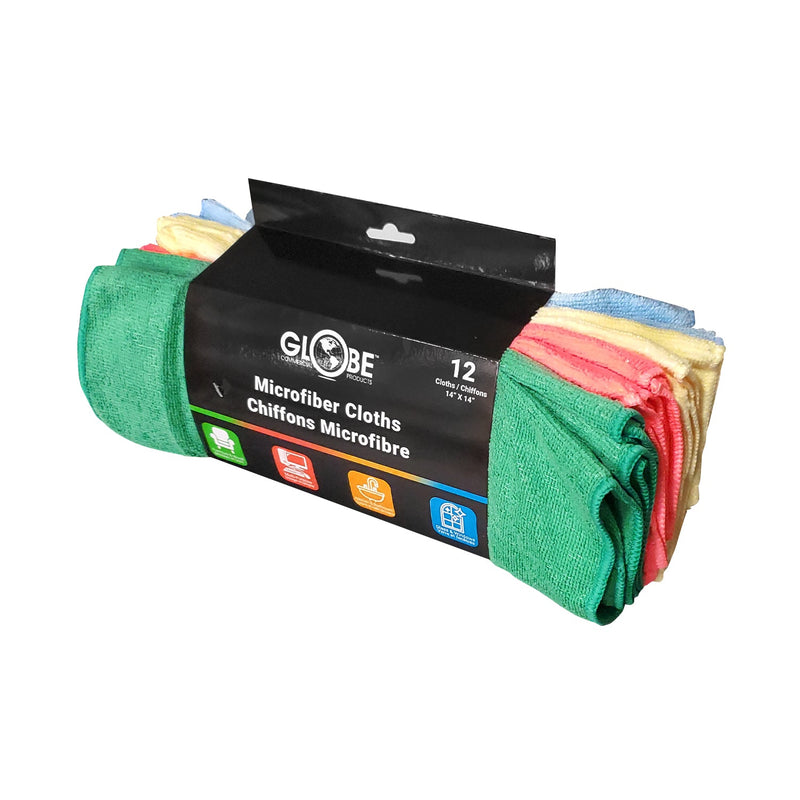 assorted pack yellow, blue, green, red, 16 Inch X 16 Inch 240 Gsm Assorted Retail Microfiber Cloths, Package, 12 Pack, MICROFIBER, CLOTHS, NEW, 3199