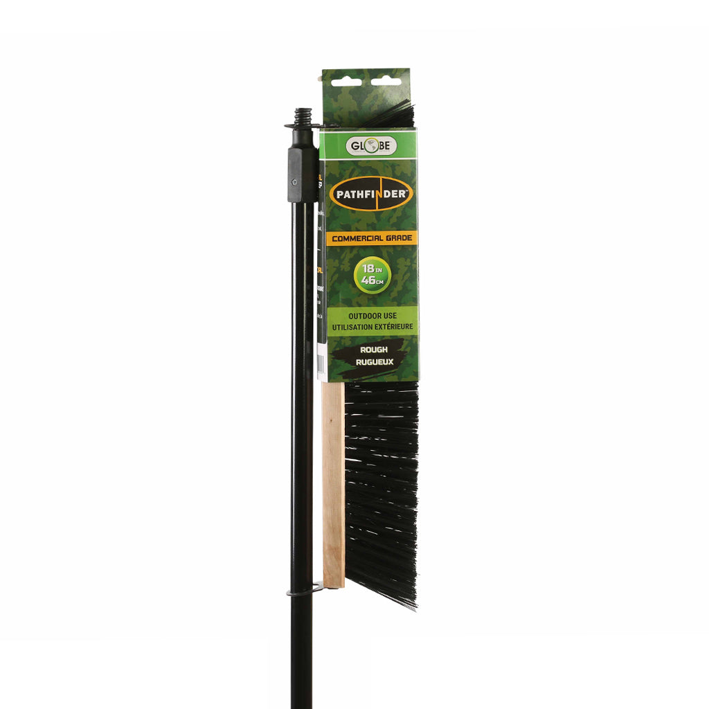 natural wood block broom brush with black and green brissels with green globe packaging and black handle, Side-Clipped Pathfinder Rough Push Broom Head, SIZE, 18 Inch, FLOOR CLEANING, PUSH BROOMS, 4484