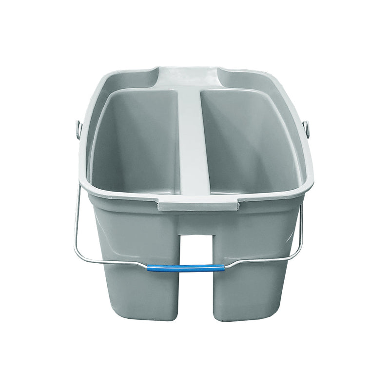 grey double compartment bucket with silver wire handle with blue hand handle front view, 15 Qt Double Bucket Utility Pail, GENERAL CLEANING, PAILS & BUCKETS, 3675