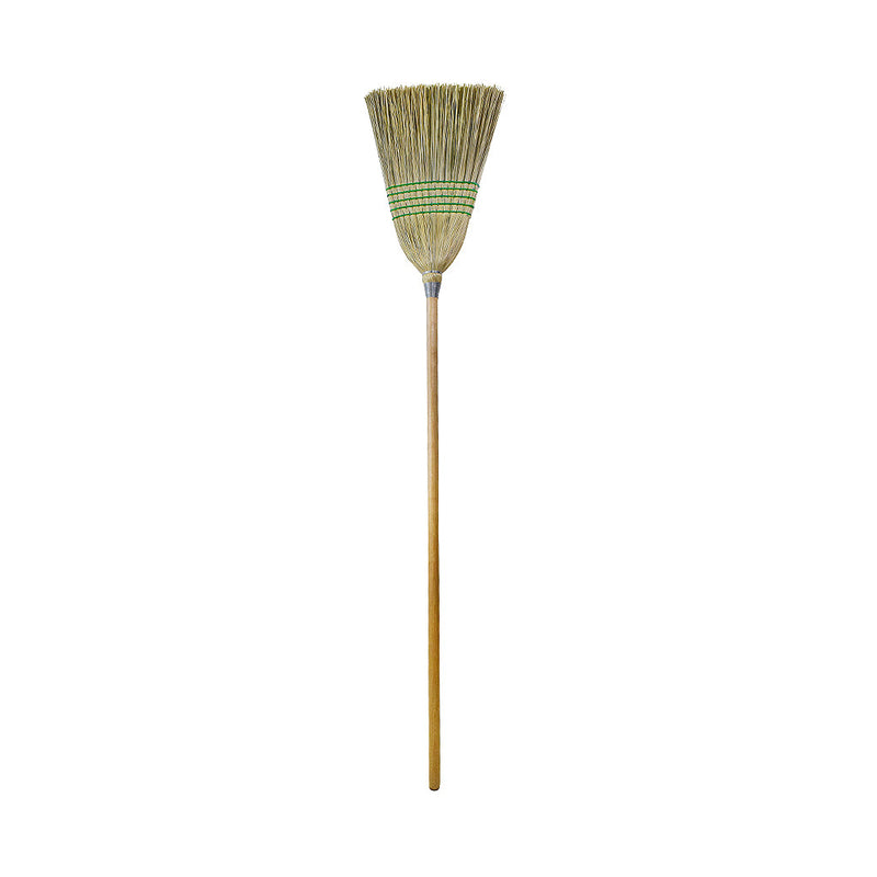 natural corn broom brush packaged with 5 green wire strings and wooden handle, Housekeeper Corn Broom, Heavy-Duty 5 String, FLOOR CLEANING, CORN BROOMS, 4000