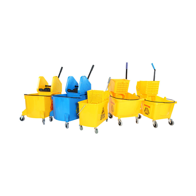 yellow and blue bucket with four wheels and wringer with black handle grouping, Downpress Wringer, SIZE, Yellow, FLOOR CLEANING, BUCKETS & WRINGERS, 3079Y,3079B