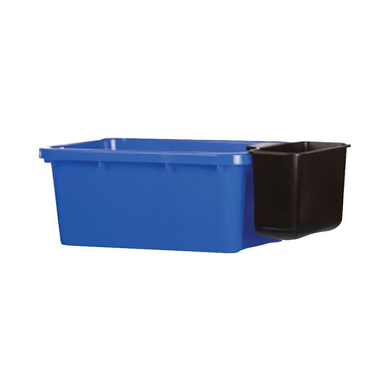 blue large rectangular recyclables bin with black saddle tote bin, Blue Under Desk Recycling Bin, SIZE, 5 Gallon, WASTE, DESKSIDE CONTAINERS, 9306