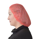 woman wearing red hairnet, Bouffant Cap/Hairnet, COLOR, Red, Package, 10 Packs of 100, PPE-PERSONAL PROTECTIVE EQUIPMENT, HAIR NETS, COVID ESSENTIALS, 7732R