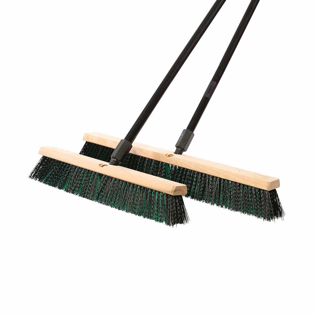 natural wood block broom brush with green and black brissels and black handle, Side-Clipped Pathfinder Medium Push Broom Head, SIZE, 18 Inch, FLOOR CLEANING, PUSH BROOMS, 4482,4483