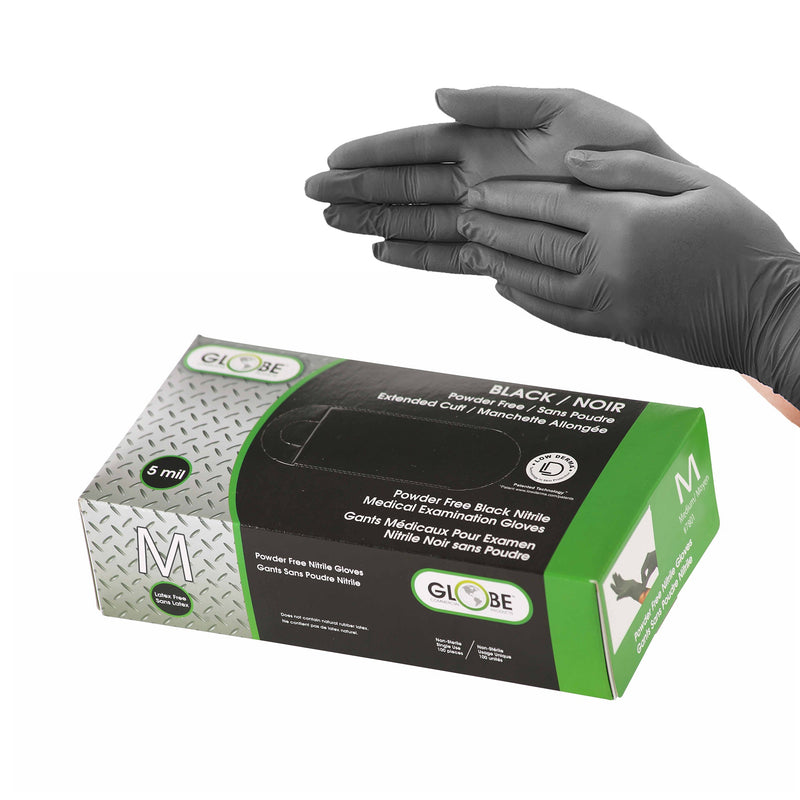 medium black nitrile gloves package green grey box, Black 5 Mil Nitrile Gloves Powder-Free, SIZE, Medium, Package, 10 Boxes of 100, GLOVES, NITRILE, 7801