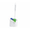 white toilet brush handle with blue and white brissels with cupholder and green globe label, 16 Inch Deluxe Toilet Brush And Caddy Set With Dual Cleaner Head, WASHROOM CARE, BOWL BRUSHES & CADDY SETS, 2088