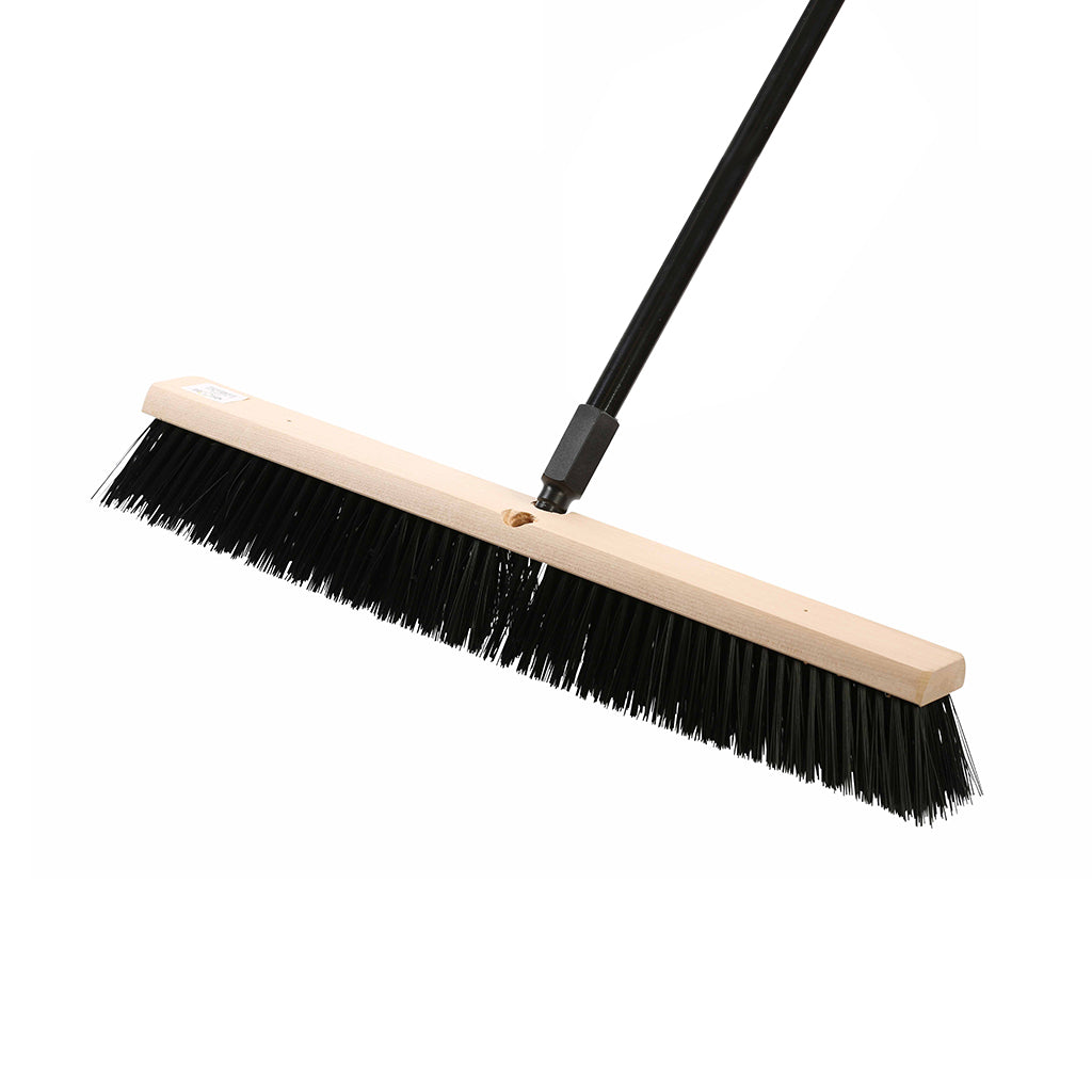 natural wood block broom brush with green and black brissels and black handle, Side-Clipped Pathfinder Rough Push Broom Head, SIZE, 24 Inch, FLOOR CLEANING, PUSH BROOMS, 4485