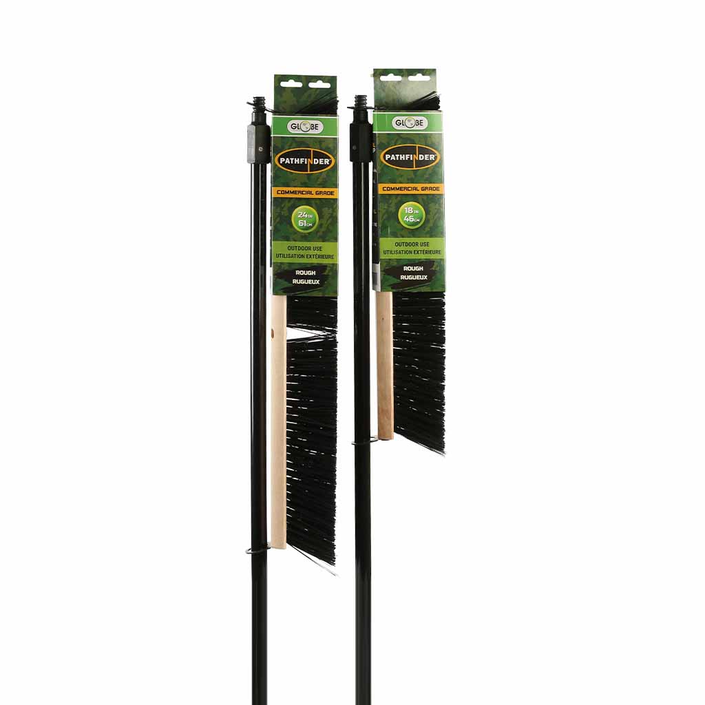 natural wood block broom brush with black and green brissels with green globe packaging and black handle, Side-Clipped Pathfinder Rough Push Broom Head, SIZE, 18 Inch, FLOOR CLEANING, PUSH BROOMS, 4484,4485