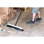 man using natural wood block broom brush with black and green brissels to clean warehouse, Side-Clipped Pathfinder Medium Push Broom Head, SIZE, 18 Inch, FLOOR CLEANING, PUSH BROOMS, 4482,4483
