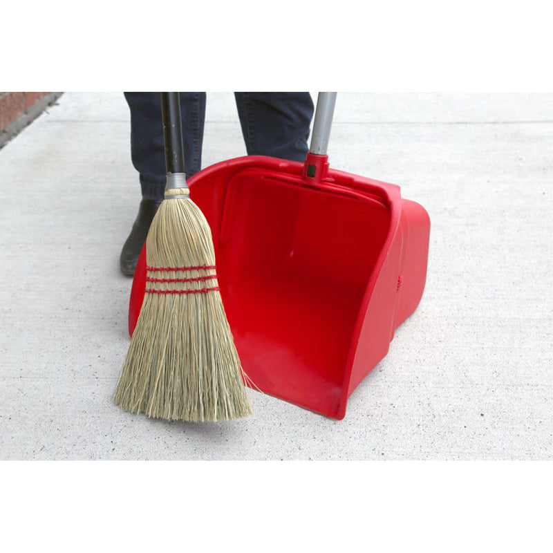 man sweeping red debris pan with silver handle, black handle and red broom, Jumbo Debris Pan, 14 Inch X 14 Inch, FLOOR CLEANING, DUST PANS, 4971