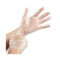 hand showing clear poly gloves stretching, Polyethylene Gloves Powder Free, SIZE, Medium, Package, 20 Boxes of 500, GLOVES, POLY, COVID ESSENTIALS, 8001, 8002