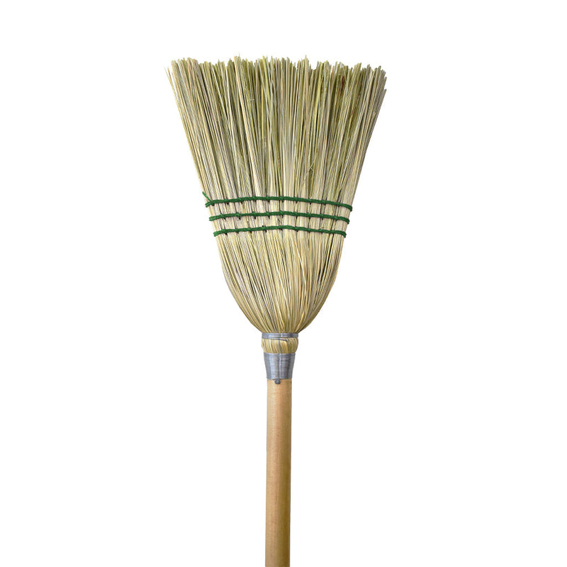 natural corn broom brush packaged with 2 silver wire and 2 blue strings with wooden handle with green globe packaing, Lobby Corn Broom, 3 String, FLOOR CLEANING, CORN BROOMS, 4004