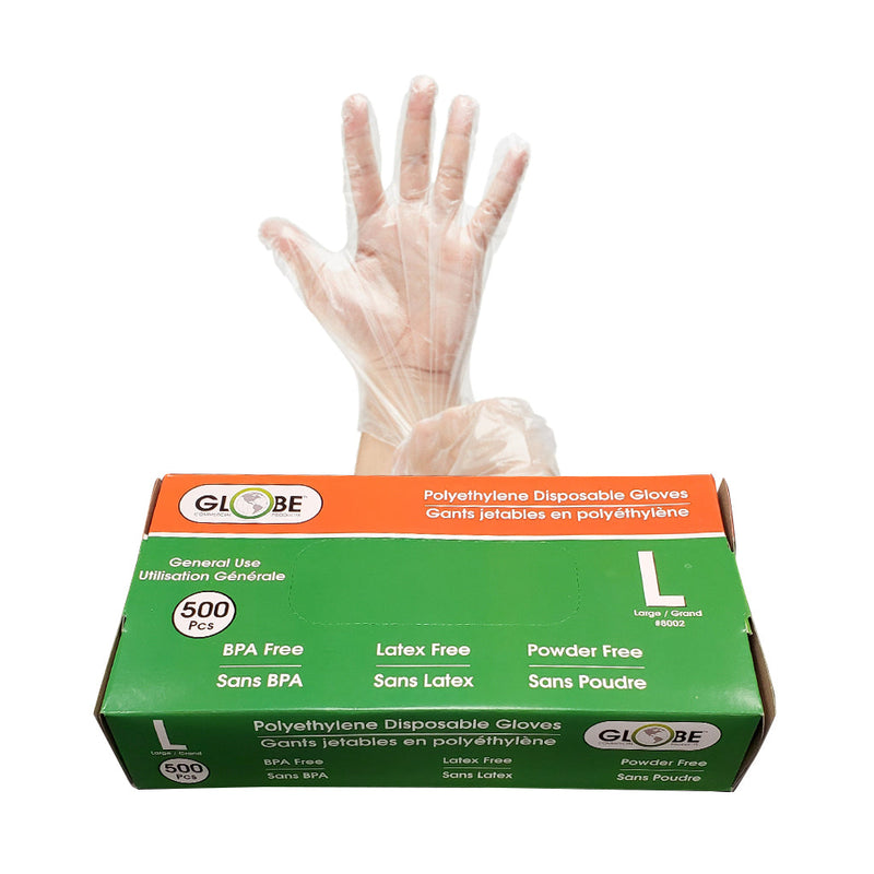 large green and orange packaging with hand showing clear poly gloves, Polyethylene Gloves Powder Free, SIZE, Large, Package, 20 Boxes of 500, GLOVES, POLY, COVID ESSENTIALS, 8002