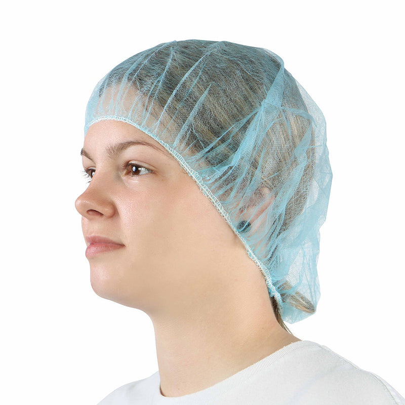 woman wearing blue hairnet, Bouffant Cap/Hairnet, COLOR, Blue, Package, 10 Packs of 100, PPE-PERSONAL PROTECTIVE EQUIPMENT, HAIR NETS, COVID ESSENTIALS, 7732B