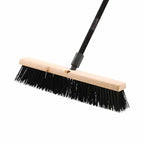natural wood block broom brush with green and black brissels and black handle, Side-Clipped Pathfinder Rough Push Broom Head, SIZE, 18 Inch, FLOOR CLEANING, PUSH BROOMS, 4484