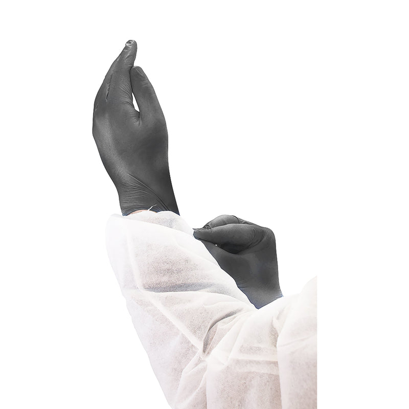 black stretching gloves on hands with white coverall, Black 5 Mil Nitrile Gloves Powder-Free, SIZE, Small, Package, 10 Boxes of 100, GLOVES, NITRILE, 7800, 7801,7802,7803