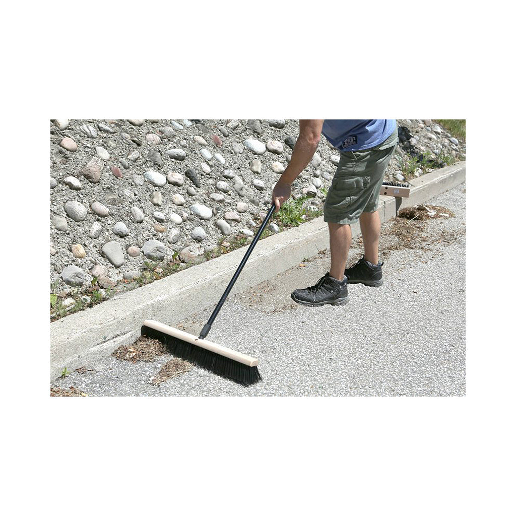 man using natural wood block broom brush with black and green brissels to clean outdoor pavement, Side-Clipped Pathfinder Rough Push Broom Head, SIZE, 18 Inch, FLOOR CLEANING, PUSH BROOMS, 4484,4485