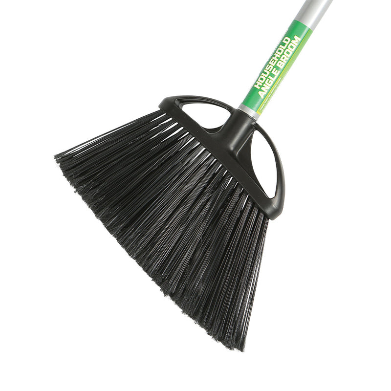 angled brush head with black brissels and metal handle with green globe label, Angle Broom Wtih 48 Inch Metal Handle, SIZE, Regular 10 Inch, FLOOR CLEANING, ANGLE BROOMS, 4010