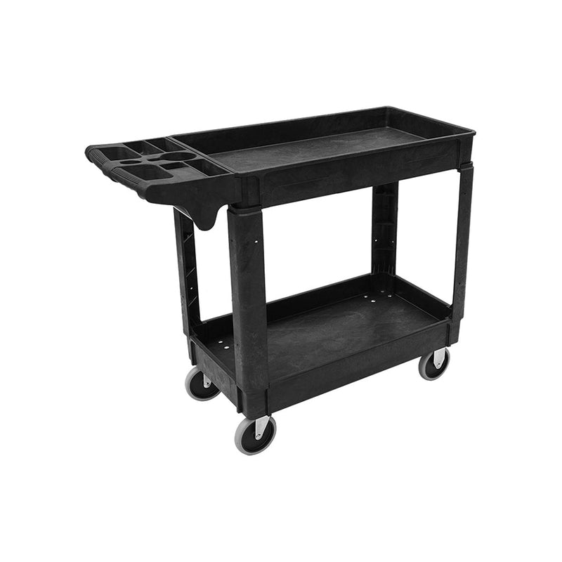 medium 2 level black cart with wheels and handle with tool compartment and holders built in, Heavy-Duty Lipped Utility Cart, SIZE, Medium / 550 Lbs / 40.7 Inch L X 16.9 Inch W X 33.5 Inch H, MATERIAL HANDLING, HEAVY-DUTY UTILITY CARTS, 5800