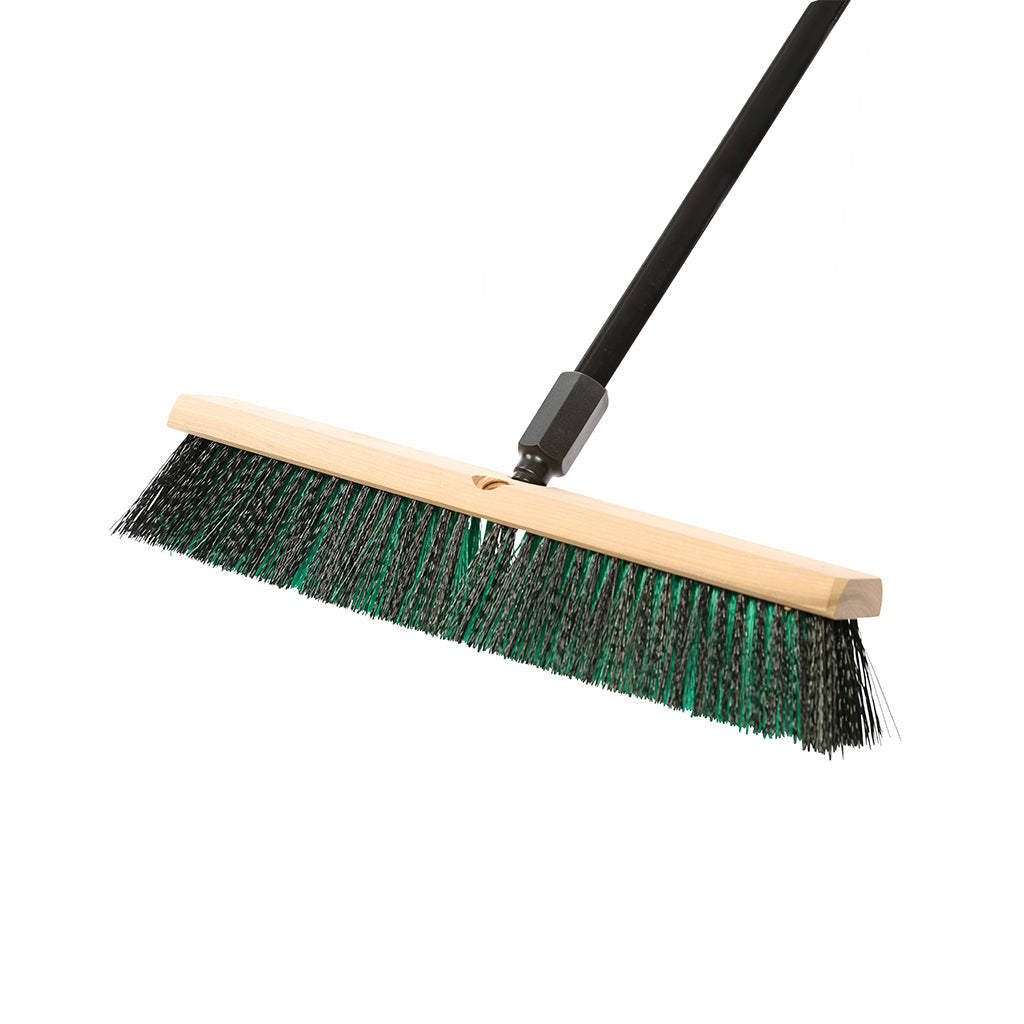 natural wood block broom brush with green and black brissels and black handle, Side-Clipped Pathfinder Medium Push Broom Head, SIZE, 18 Inch, FLOOR CLEANING, PUSH BROOMS, 4482,4083
