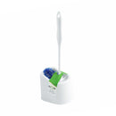 white toilet brush handle with blue and white brissels with cupholder and green globe label, 16 Inch Deluxe Toilet Brush And Caddy Set With Dual Cleaner Head, WASHROOM CARE, BOWL BRUSHES & CADDY SETS, 2088