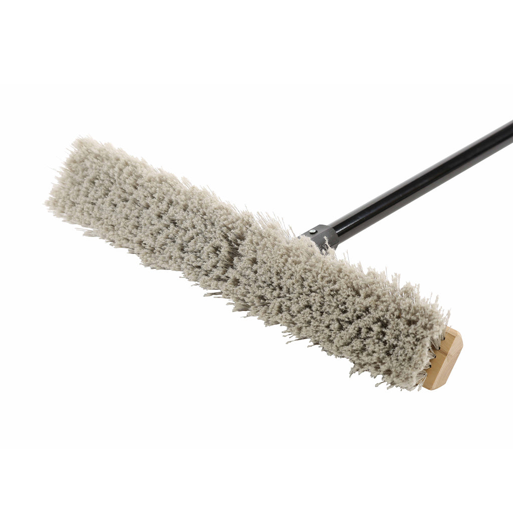 natural wood block broom brush with grey brissels and black handle, Side-Clipped Pathfinder Soft Push Broom Head, SIZE, 18 Inch, FLOOR CLEANING, PUSH BROOMS, 4480