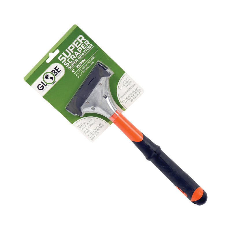 5 inch crapper with orange and black grip and globe green packaging, 4 Inch Heavy Duty Scraper, RELATED, Blister Packed 12 Inch Long Handle / 6 Scraper Blades, GENERAL CLEANING, SCRAPERS, 4200,4201