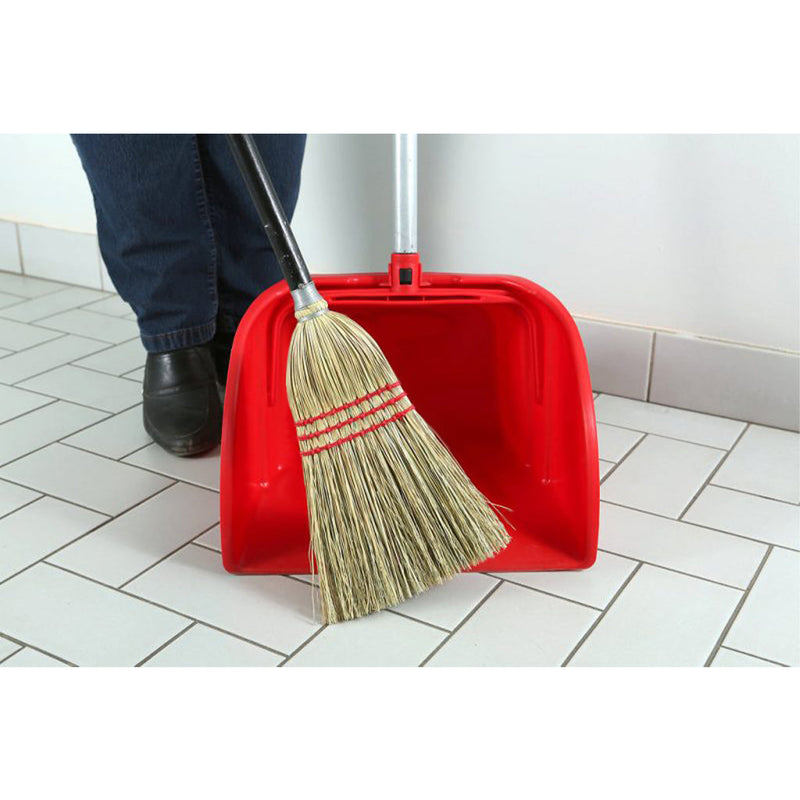 man sweeping red debris pan with silver handle, black handle and red broom, Jumbo Debris Pan, 14 Inch X 14 Inch, FLOOR CLEANING, DUST PANS, 4971