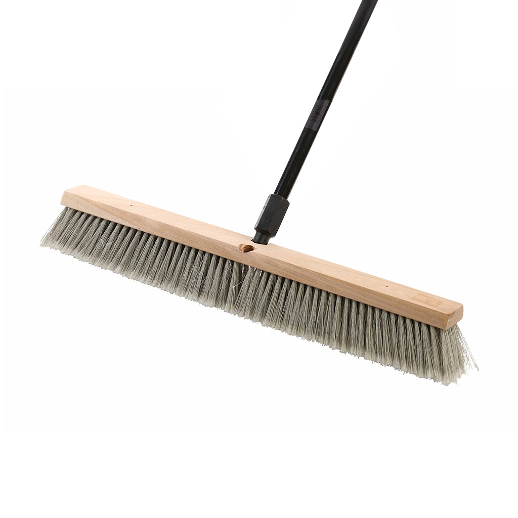 natural wood block broom brush with grey brissels and black handle, Side-Clipped Pathfinder Soft Push Broom Head, SIZE, 24 Inch, FLOOR CLEANING, PUSH BROOMS, 4481