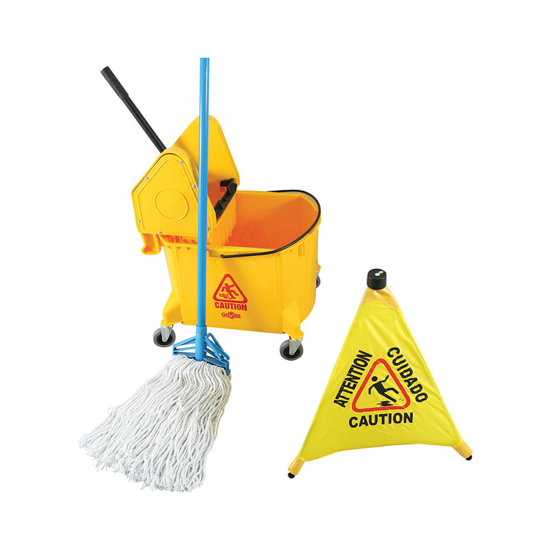 yellow bucket with four wheels and wringer with black handle with quick release mop withwith mop head near caution sign, 40 Qt Downpress Bucket And Wringer, COLOR, Yellow, FLOOR CLEANING, BUCKETS & WRINGERS, Best Seller, 3078Y