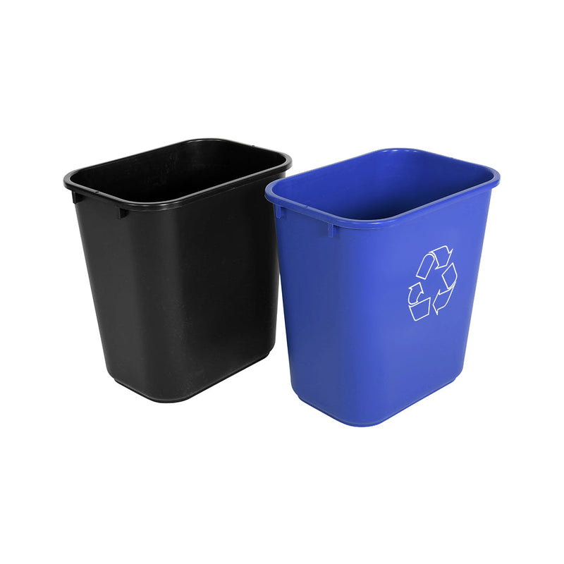 black garbage bin and blue paper and plastics recycling bin, 26 L Recycling Soft Wastebaskets, COLOR, Recycling Blue, WASTE, DESKSIDE CONTAINERS, 9756BLU,9756BLA